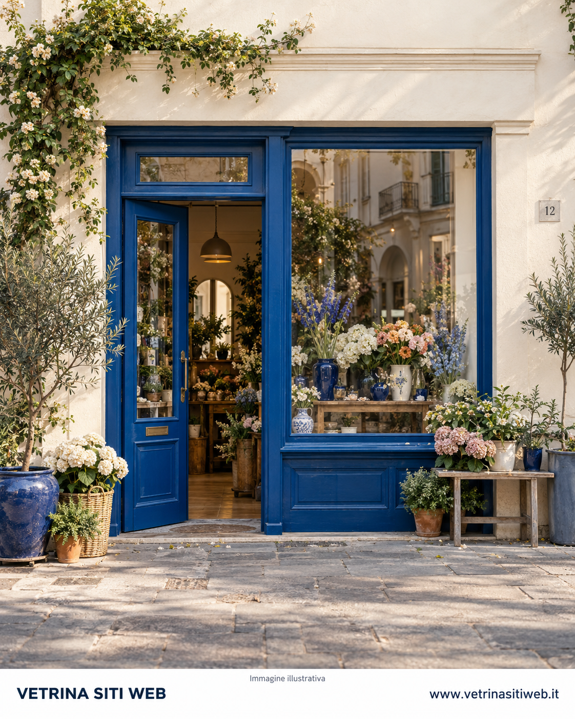 Una vetrina con porta blu e composizioni floreali: esempio illustrativo per un’attività locale